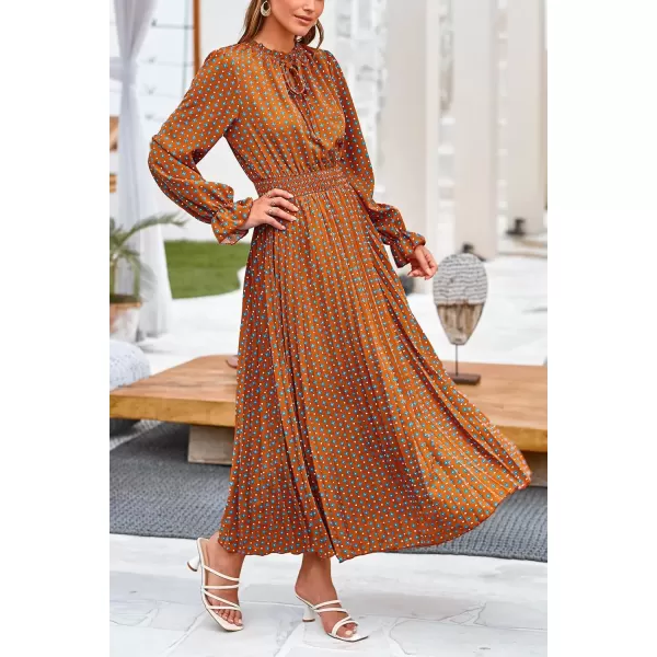 imagePRETTYGARDEN Womens 2024 Fall Midi Dress Casual Long Sleeve V Neck Swiss Dot Pleated A Line Flowy DressesBrown Blue Floral