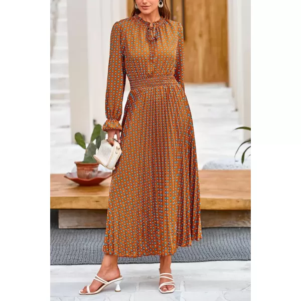 imagePRETTYGARDEN Womens 2024 Fall Midi Dress Casual Long Sleeve V Neck Swiss Dot Pleated A Line Flowy DressesBrown Blue Floral