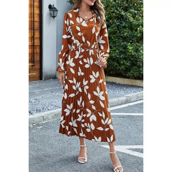 imagePRETTYGARDEN Womens 2024 Fall Midi Dress Casual Long Sleeve V Neck Swiss Dot Pleated A Line Flowy DressesBrown Leaves