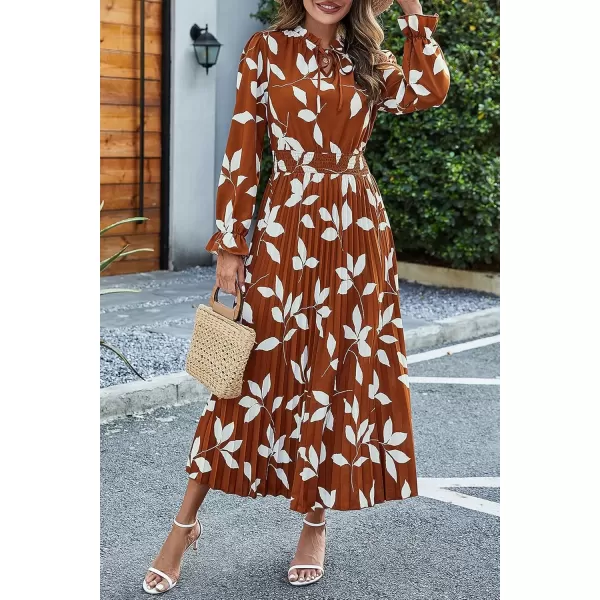 imagePRETTYGARDEN Womens 2024 Fall Midi Dress Casual Long Sleeve V Neck Swiss Dot Pleated A Line Flowy DressesBrown Leaves