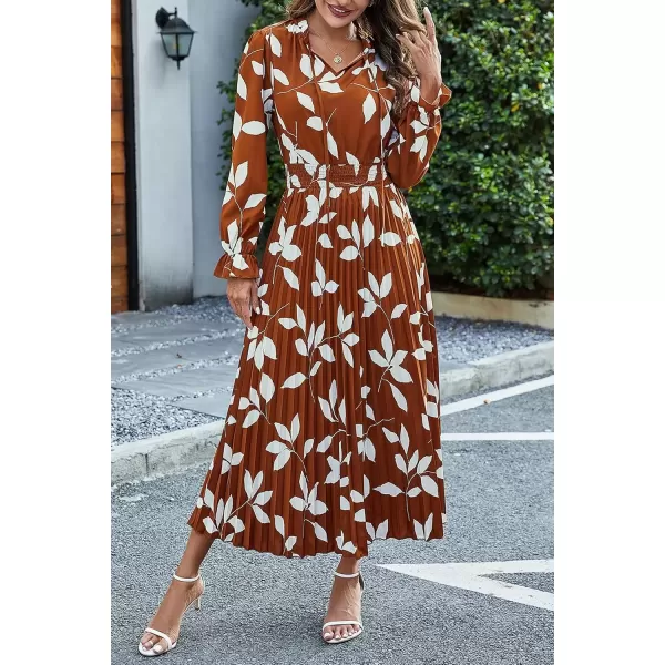 imagePRETTYGARDEN Womens 2024 Fall Midi Dress Casual Long Sleeve V Neck Swiss Dot Pleated A Line Flowy DressesBrown Leaves