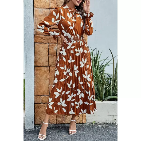imagePRETTYGARDEN Womens 2024 Fall Midi Dress Casual Long Sleeve V Neck Swiss Dot Pleated A Line Flowy DressesBrown Leaves