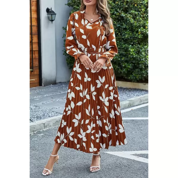 imagePRETTYGARDEN Womens 2024 Fall Midi Dress Casual Long Sleeve V Neck Swiss Dot Pleated A Line Flowy DressesBrown Leaves