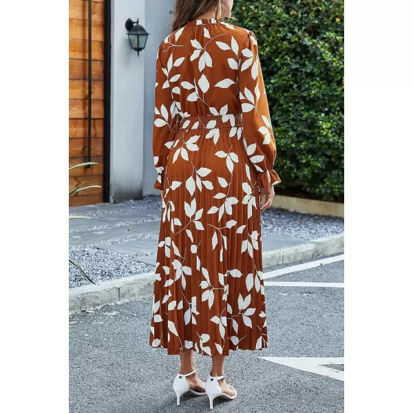 imagePRETTYGARDEN Womens 2024 Fall Midi Dress Casual Long Sleeve V Neck Swiss Dot Pleated A Line Flowy DressesBrown Leaves
