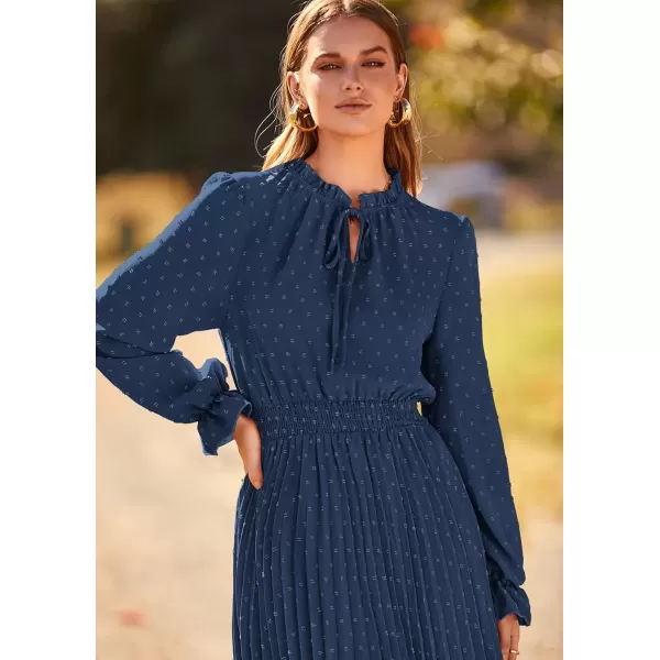 imagePRETTYGARDEN Womens 2024 Fall Midi Dress Casual Long Sleeve V Neck Swiss Dot Pleated A Line Flowy DressesDark Blue