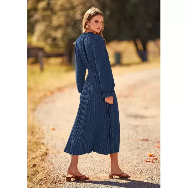 imagePRETTYGARDEN Womens 2024 Fall Midi Dress Casual Long Sleeve V Neck Swiss Dot Pleated A Line Flowy DressesDark Blue