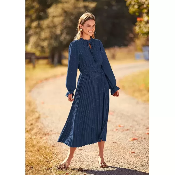imagePRETTYGARDEN Womens 2024 Fall Midi Dress Casual Long Sleeve V Neck Swiss Dot Pleated A Line Flowy DressesDark Blue