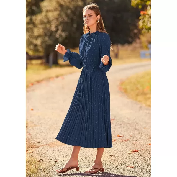 imagePRETTYGARDEN Womens 2024 Fall Midi Dress Casual Long Sleeve V Neck Swiss Dot Pleated A Line Flowy DressesDark Blue