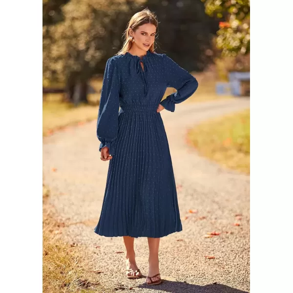 imagePRETTYGARDEN Womens 2024 Fall Midi Dress Casual Long Sleeve V Neck Swiss Dot Pleated A Line Flowy DressesDark Blue