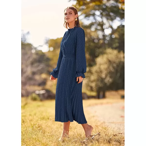 imagePRETTYGARDEN Womens 2024 Fall Midi Dress Casual Long Sleeve V Neck Swiss Dot Pleated A Line Flowy DressesDark Blue