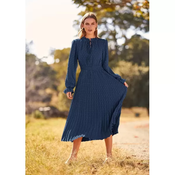 imagePRETTYGARDEN Womens 2024 Fall Midi Dress Casual Long Sleeve V Neck Swiss Dot Pleated A Line Flowy DressesDark Blue