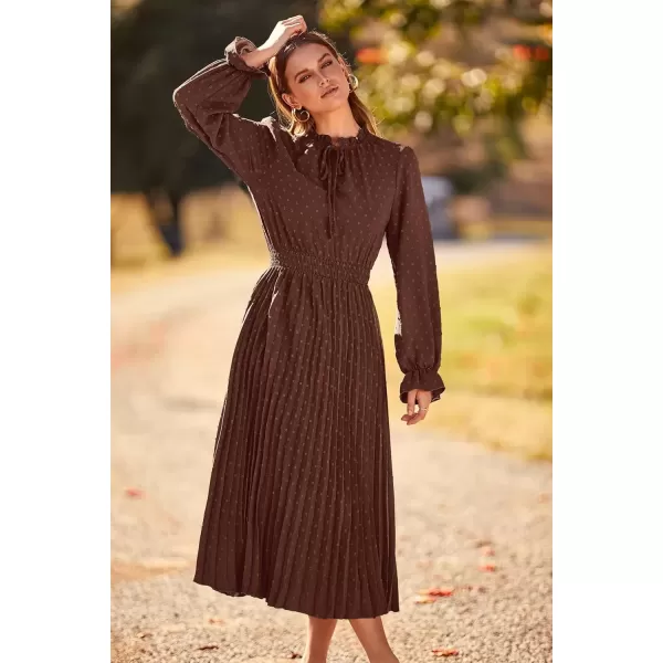imagePRETTYGARDEN Womens 2024 Fall Midi Dress Casual Long Sleeve V Neck Swiss Dot Pleated A Line Flowy DressesDark Coffee