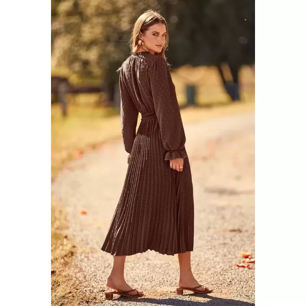 imagePRETTYGARDEN Womens 2024 Fall Midi Dress Casual Long Sleeve V Neck Swiss Dot Pleated A Line Flowy DressesDark Coffee