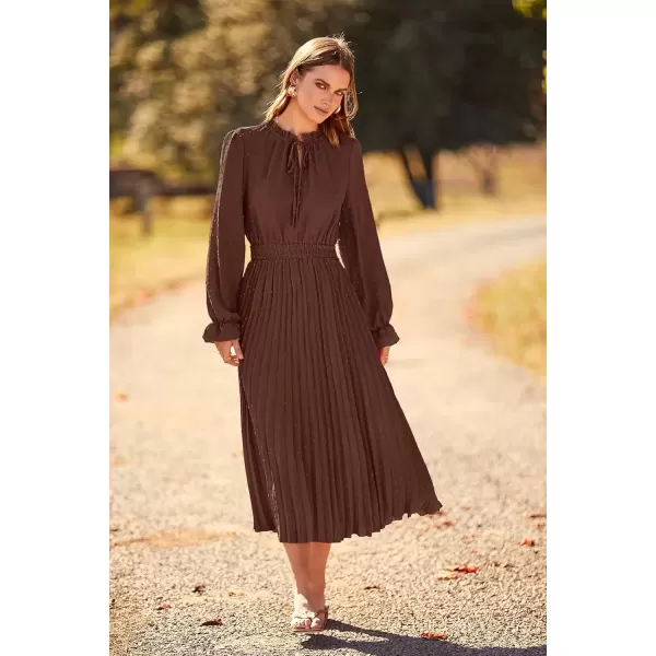 imagePRETTYGARDEN Womens 2024 Fall Midi Dress Casual Long Sleeve V Neck Swiss Dot Pleated A Line Flowy DressesDark Coffee