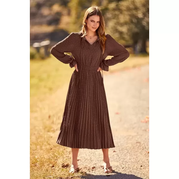 imagePRETTYGARDEN Womens 2024 Fall Midi Dress Casual Long Sleeve V Neck Swiss Dot Pleated A Line Flowy DressesDark Coffee