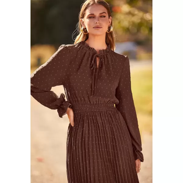 imagePRETTYGARDEN Womens 2024 Fall Midi Dress Casual Long Sleeve V Neck Swiss Dot Pleated A Line Flowy DressesDark Coffee