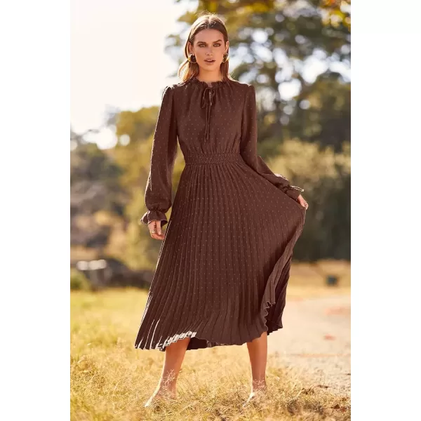 imagePRETTYGARDEN Womens 2024 Fall Midi Dress Casual Long Sleeve V Neck Swiss Dot Pleated A Line Flowy DressesDark Coffee