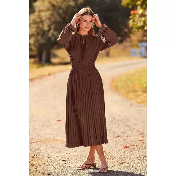 imagePRETTYGARDEN Womens 2024 Fall Midi Dress Casual Long Sleeve V Neck Swiss Dot Pleated A Line Flowy DressesDark Coffee