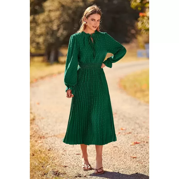 imagePRETTYGARDEN Womens 2024 Fall Midi Dress Casual Long Sleeve V Neck Swiss Dot Pleated A Line Flowy DressesDark Green
