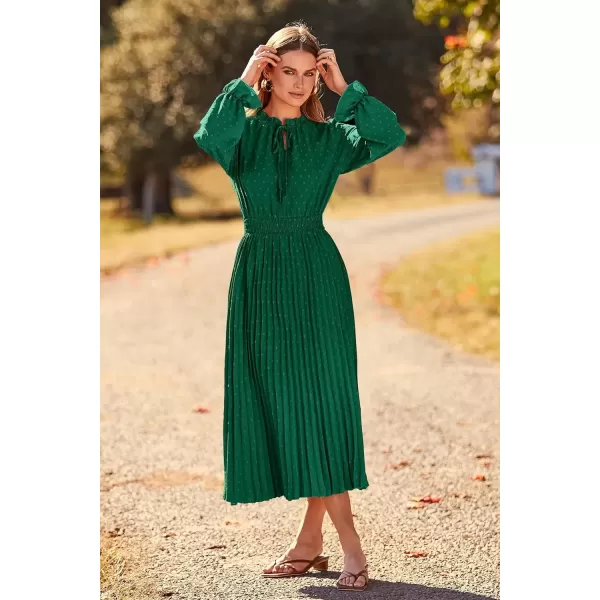 imagePRETTYGARDEN Womens 2024 Fall Midi Dress Casual Long Sleeve V Neck Swiss Dot Pleated A Line Flowy DressesDark Green