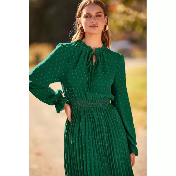 imagePRETTYGARDEN Womens 2024 Fall Midi Dress Casual Long Sleeve V Neck Swiss Dot Pleated A Line Flowy DressesDark Green