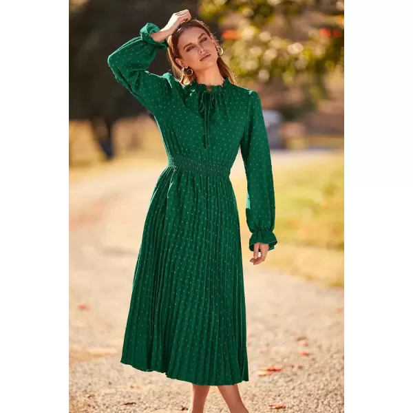imagePRETTYGARDEN Womens 2024 Fall Midi Dress Casual Long Sleeve V Neck Swiss Dot Pleated A Line Flowy DressesDark Green