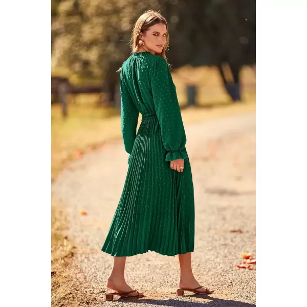 imagePRETTYGARDEN Womens 2024 Fall Midi Dress Casual Long Sleeve V Neck Swiss Dot Pleated A Line Flowy DressesDark Green