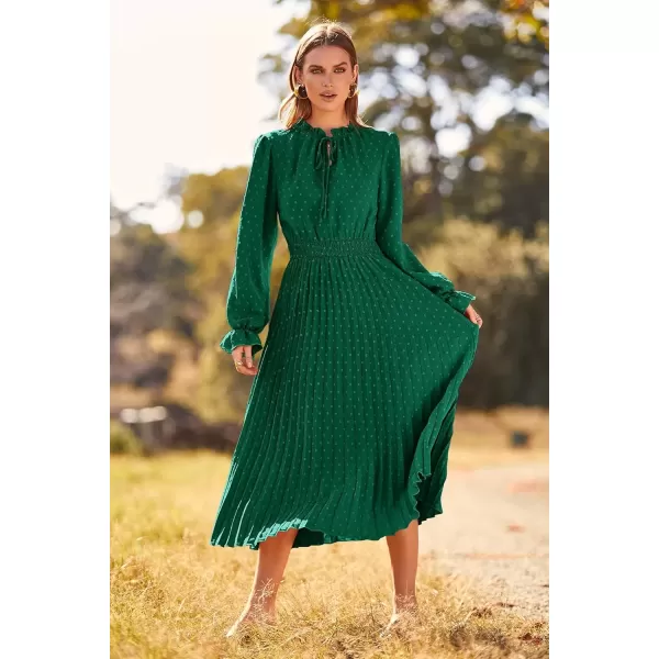 imagePRETTYGARDEN Womens 2024 Fall Midi Dress Casual Long Sleeve V Neck Swiss Dot Pleated A Line Flowy DressesDark Green