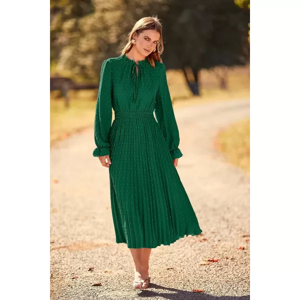 imagePRETTYGARDEN Womens 2024 Fall Midi Dress Casual Long Sleeve V Neck Swiss Dot Pleated A Line Flowy DressesDark Green