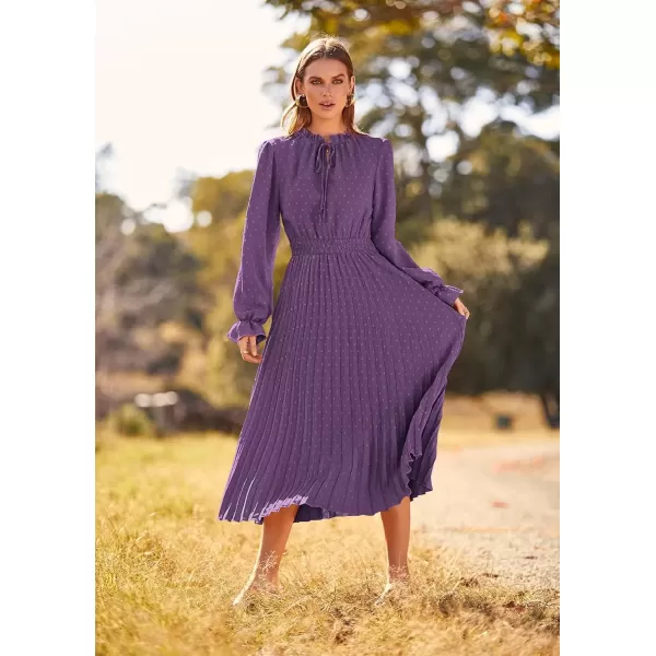 imagePRETTYGARDEN Womens 2024 Fall Midi Dress Casual Long Sleeve V Neck Swiss Dot Pleated A Line Flowy DressesDark Purple