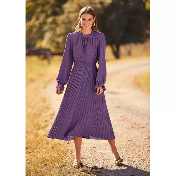 imagePRETTYGARDEN Womens 2024 Fall Midi Dress Casual Long Sleeve V Neck Swiss Dot Pleated A Line Flowy DressesDark Purple