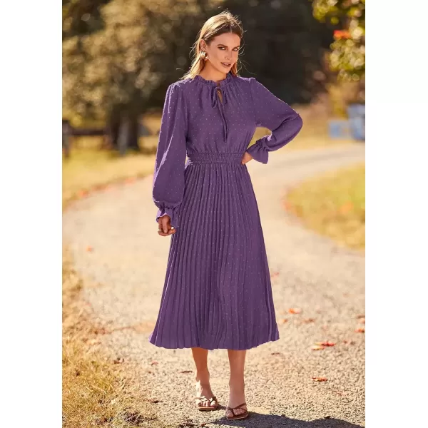 imagePRETTYGARDEN Womens 2024 Fall Midi Dress Casual Long Sleeve V Neck Swiss Dot Pleated A Line Flowy DressesDark Purple