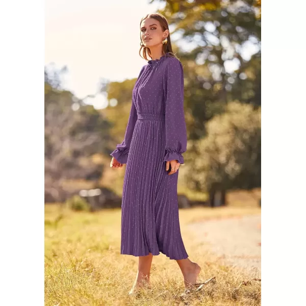 imagePRETTYGARDEN Womens 2024 Fall Midi Dress Casual Long Sleeve V Neck Swiss Dot Pleated A Line Flowy DressesDark Purple
