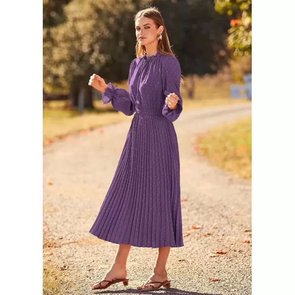 imagePRETTYGARDEN Womens 2024 Fall Midi Dress Casual Long Sleeve V Neck Swiss Dot Pleated A Line Flowy DressesDark Purple