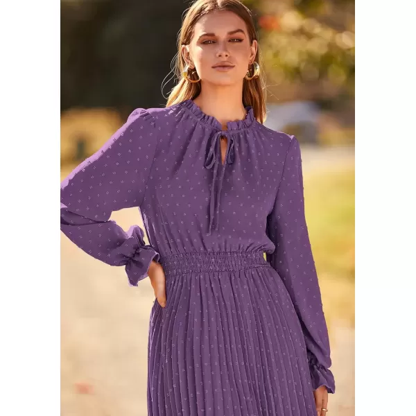 imagePRETTYGARDEN Womens 2024 Fall Midi Dress Casual Long Sleeve V Neck Swiss Dot Pleated A Line Flowy DressesDark Purple