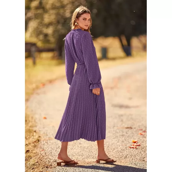 imagePRETTYGARDEN Womens 2024 Fall Midi Dress Casual Long Sleeve V Neck Swiss Dot Pleated A Line Flowy DressesDark Purple