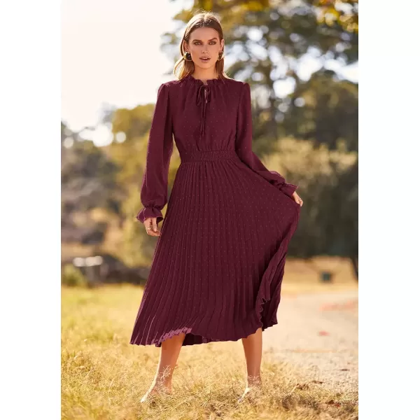 imagePRETTYGARDEN Womens 2024 Fall Midi Dress Casual Long Sleeve V Neck Swiss Dot Pleated A Line Flowy DressesDark Wine Red