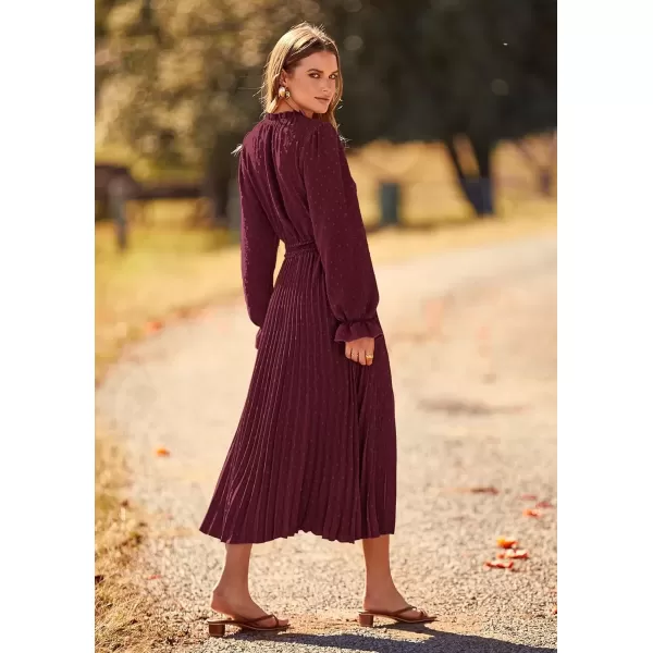 imagePRETTYGARDEN Womens 2024 Fall Midi Dress Casual Long Sleeve V Neck Swiss Dot Pleated A Line Flowy DressesDark Wine Red