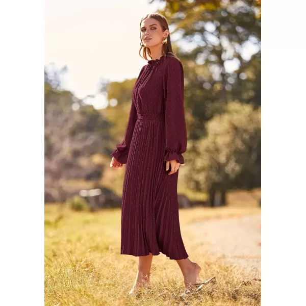 imagePRETTYGARDEN Womens 2024 Fall Midi Dress Casual Long Sleeve V Neck Swiss Dot Pleated A Line Flowy DressesDark Wine Red