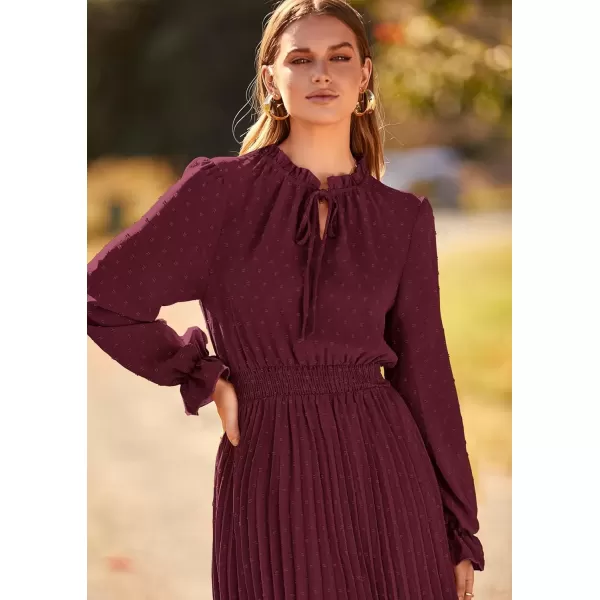 imagePRETTYGARDEN Womens 2024 Fall Midi Dress Casual Long Sleeve V Neck Swiss Dot Pleated A Line Flowy DressesDark Wine Red