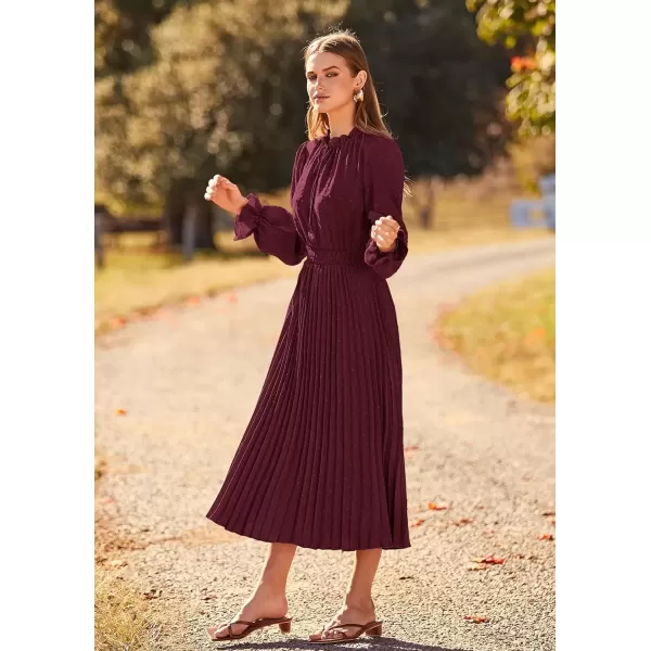 imagePRETTYGARDEN Womens 2024 Fall Midi Dress Casual Long Sleeve V Neck Swiss Dot Pleated A Line Flowy DressesDark Wine Red