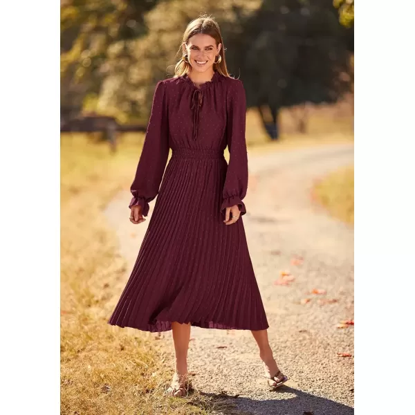 imagePRETTYGARDEN Womens 2024 Fall Midi Dress Casual Long Sleeve V Neck Swiss Dot Pleated A Line Flowy DressesDark Wine Red