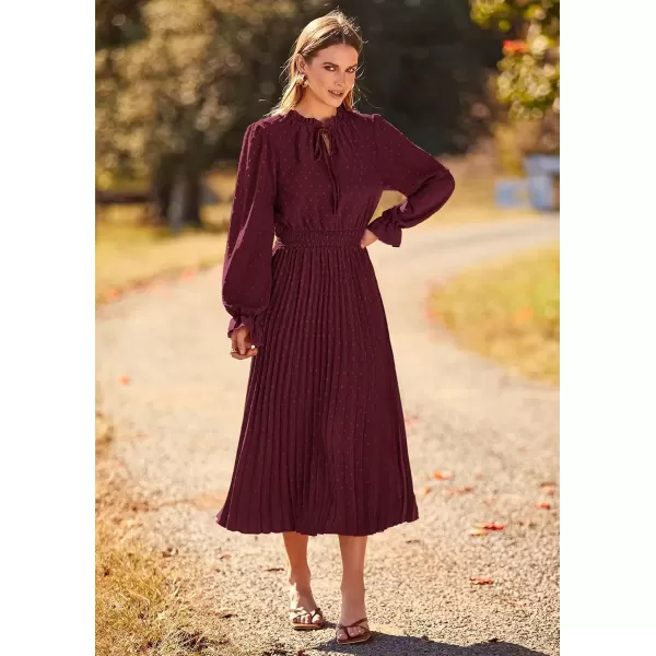 imagePRETTYGARDEN Womens 2024 Fall Midi Dress Casual Long Sleeve V Neck Swiss Dot Pleated A Line Flowy DressesDark Wine Red