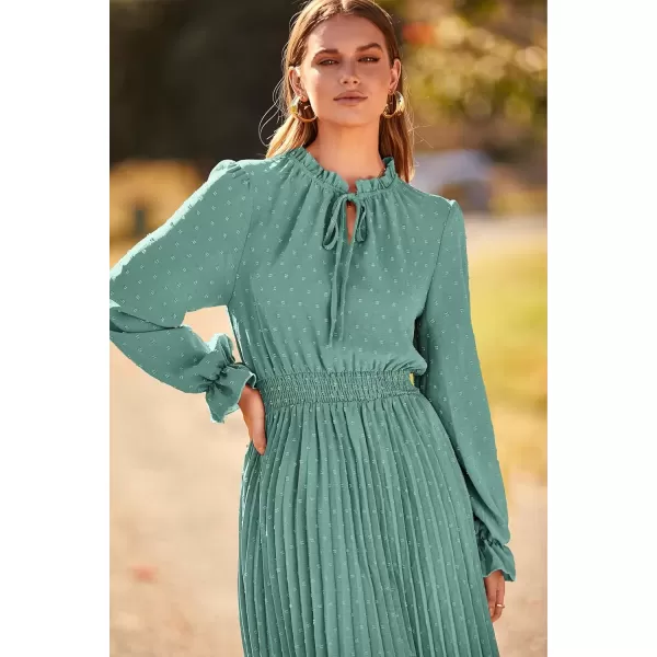 imagePRETTYGARDEN Womens 2024 Fall Midi Dress Casual Long Sleeve V Neck Swiss Dot Pleated A Line Flowy DressesGreen