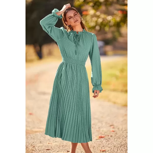 imagePRETTYGARDEN Womens 2024 Fall Midi Dress Casual Long Sleeve V Neck Swiss Dot Pleated A Line Flowy DressesGreen