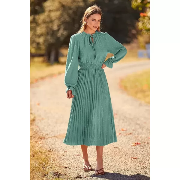 imagePRETTYGARDEN Womens 2024 Fall Midi Dress Casual Long Sleeve V Neck Swiss Dot Pleated A Line Flowy DressesGreen