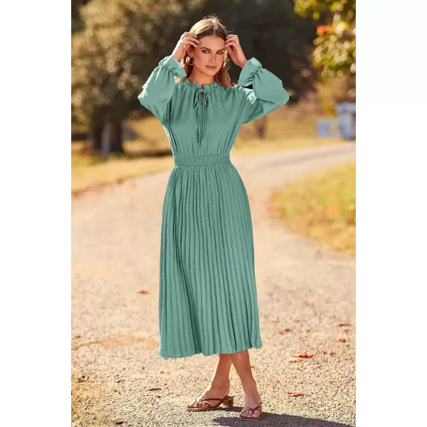 imagePRETTYGARDEN Womens 2024 Fall Midi Dress Casual Long Sleeve V Neck Swiss Dot Pleated A Line Flowy DressesGreen
