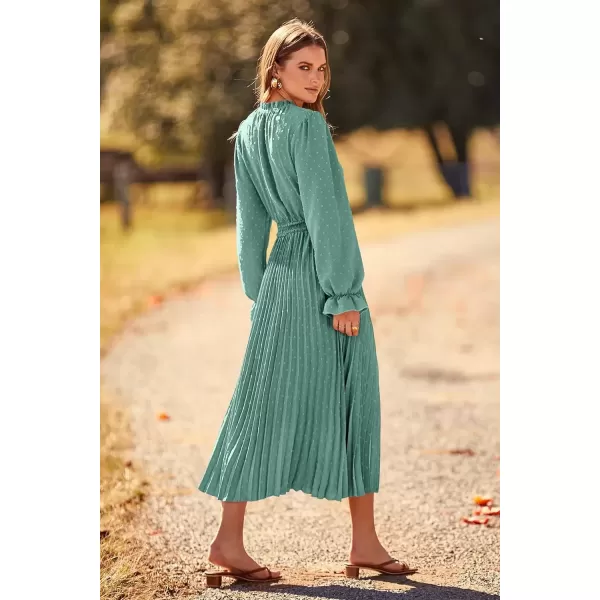 imagePRETTYGARDEN Womens 2024 Fall Midi Dress Casual Long Sleeve V Neck Swiss Dot Pleated A Line Flowy DressesGreen