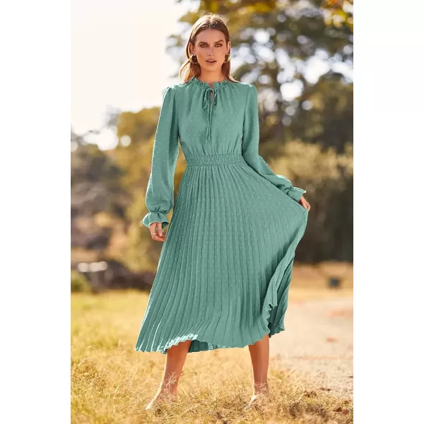 imagePRETTYGARDEN Womens 2024 Fall Midi Dress Casual Long Sleeve V Neck Swiss Dot Pleated A Line Flowy DressesGreen