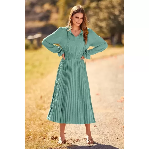 imagePRETTYGARDEN Womens 2024 Fall Midi Dress Casual Long Sleeve V Neck Swiss Dot Pleated A Line Flowy DressesGreen